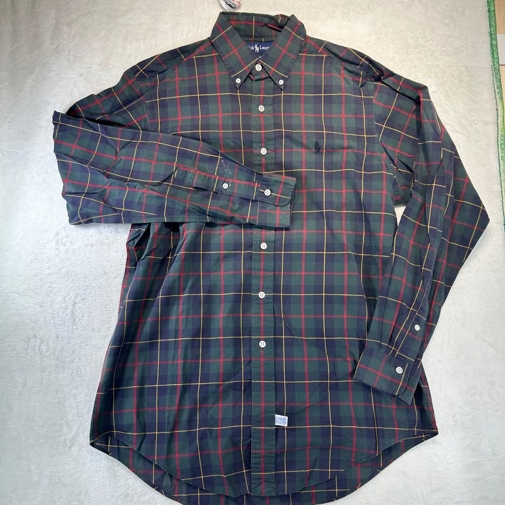 Dark Academia Ralph Lauren Plaid‎ Button Down Shirt Medium Preppy Green Tartan